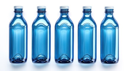 Five Blue Plastic Bottles on White Background