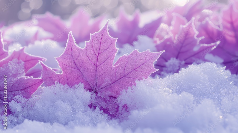 Aufkleber Vibrant purple autumn maple leaves covered in snow and frost in a scenic mountain forest with frozen branches and copy space in the background