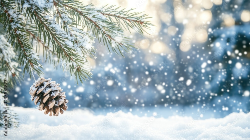 Poster winter themed calendar design featuring snowy landscape and pine cone with space for custom text and