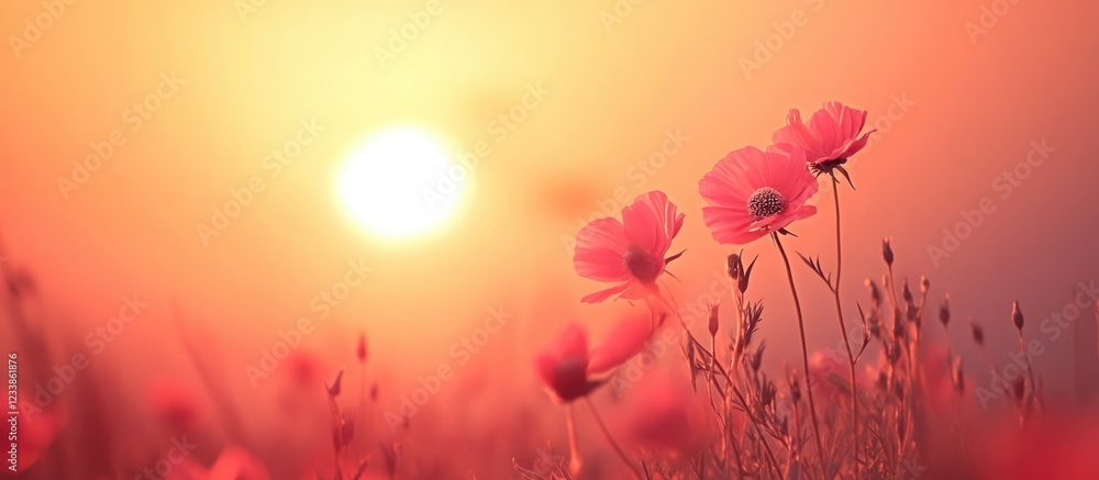 Poster blurry cosmos flowers at sunset with warm colors creating a serene atmosphere and ample copy space f