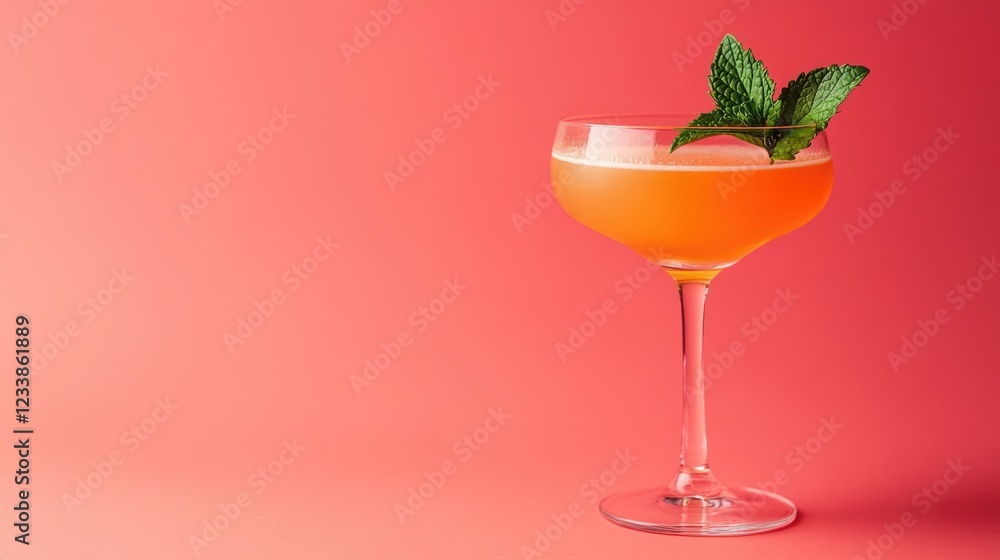 Poster vibrant cocktail garnished with fresh mint on pink background with empty space for text or branding
