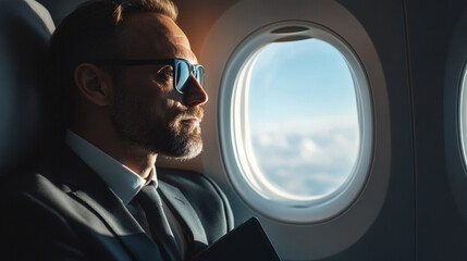 Confident mature businessman with diary looking out through airplane window