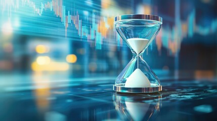 Hourglass symbolizing the passage of time with blurred financial charts in the background representing analysis and decision-making trends.