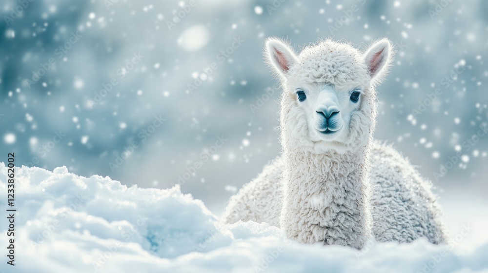 Aufkleber winter alpaca nestled in soft snowy landscape with empty space for text above