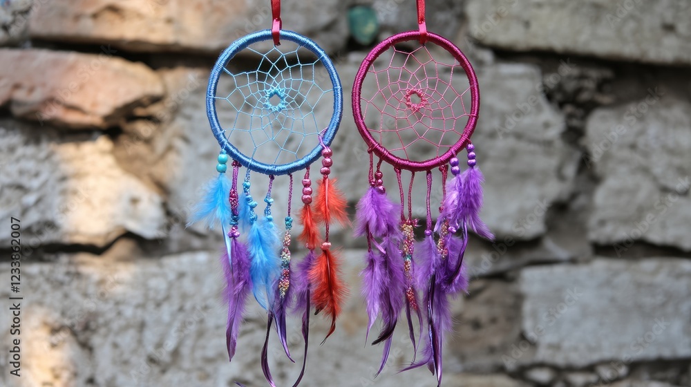 Poster decorative dreamcatchers in vibrant colors with feathers against a softly blurred stone background s