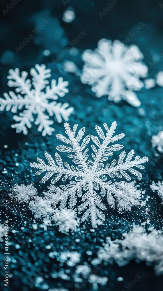 Poster Intricate snowflake macro shot on dark surface capturing nature's splendor and detail