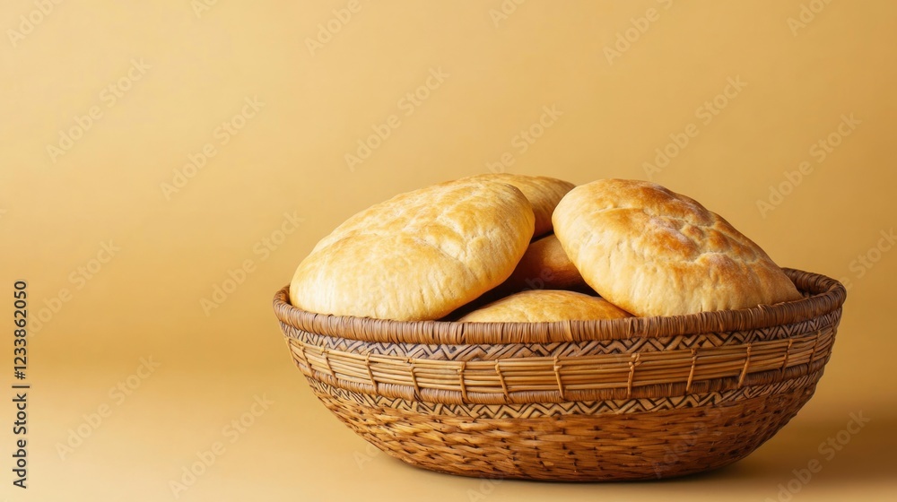 Poster traditional basket filled with arabic khubz bread on a golden backdrop with ample empty space for te