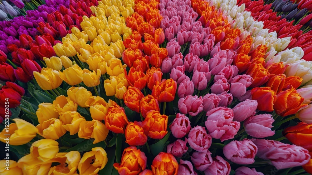 Poster colorful array of fresh tulips in a vibrant spring garden showcasing a spectrum of hues from yellow 