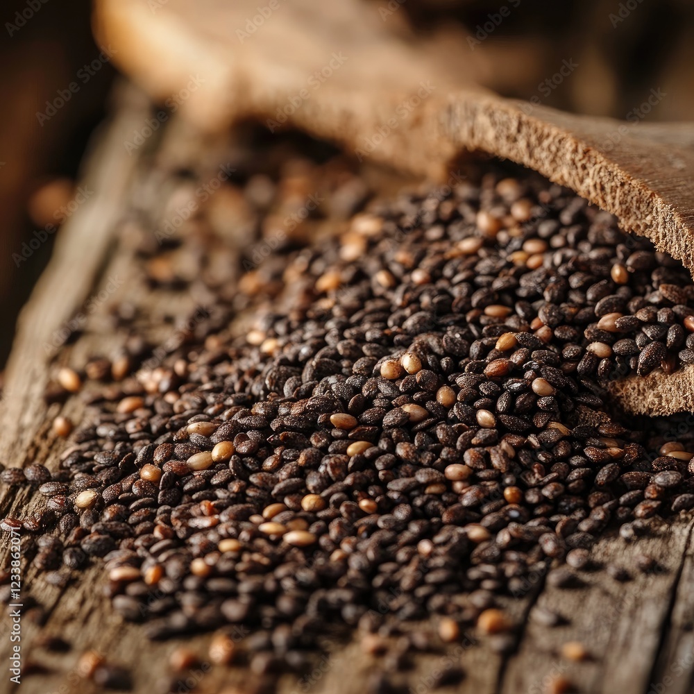 Poster natural texture of pumpernickel seeds spread on rustic wood surface with macro details showcasing gr