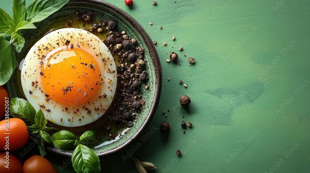 Poster Egg yolk surrounded by assorted spices and cherry tomatoes on a green background with empty space for text or branding elements