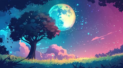 Serene Night Scene With Tree Underneath Magical Moon