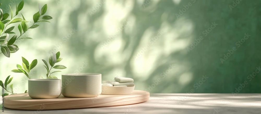 Poster abstract minimalist podium with spa containers and green blurred background for relaxation and welln