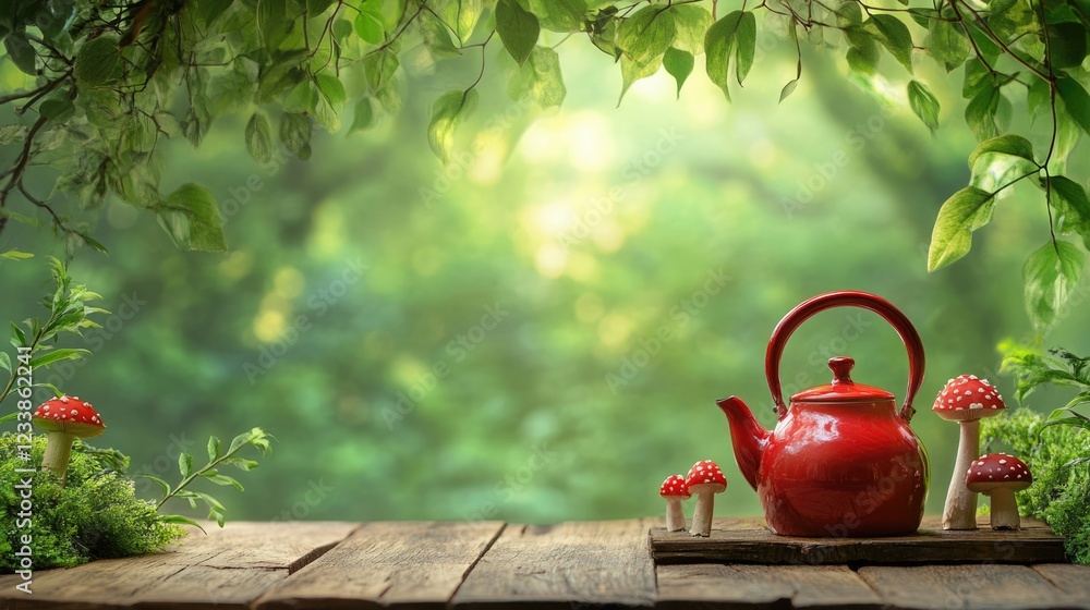 Aufkleber Tranquil nature scene featuring a red kettle and mushrooms on a wooden platform surrounded by lush greenery and ample space for text addition