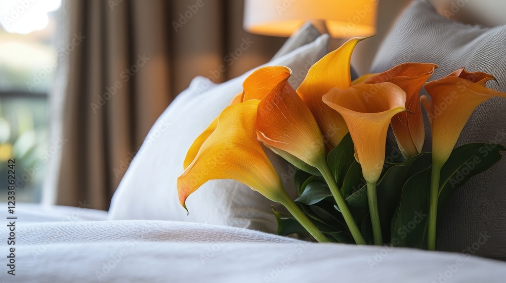 Poster elegant orange calla lilies in a cozy bedding setting creating a fresh and inviting atmosphere