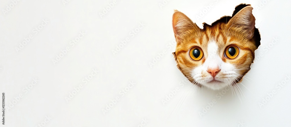 Aufkleber cat face emerging from torn white paper with empty space for text on yellow background banner