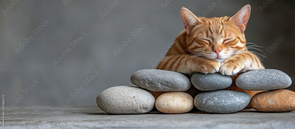 Poster cat relaxing on zen stones with copy space for text symbolizing peaceful harmony and tranquility in 