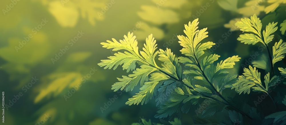 Poster closeup of green leaves with soft blurred background in spring forest showcasing macro details and s