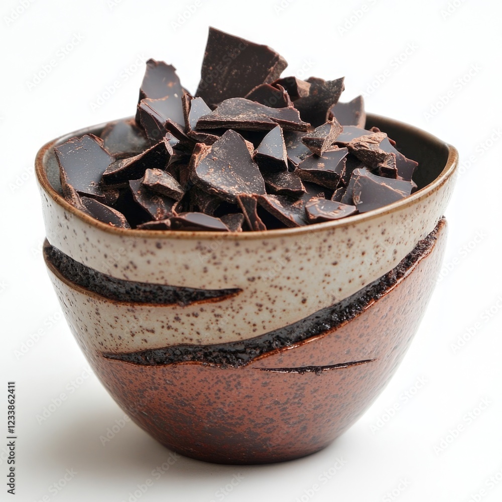 Poster Chipped Clay Bowl Filled with Dark Cacao Chunks Concept of Caffeine and Energy Deprivation with Empty Space for Text