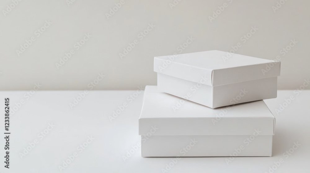 Poster Minimalist view of two empty white boxes stacked on a plain white background ideal for showcasing packaging or storage solutions.