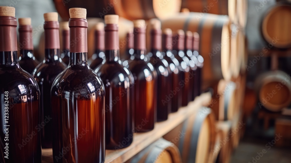 Poster winemaking cellar with bottles and barrels arranged on shelves showcasing the aging process and empt
