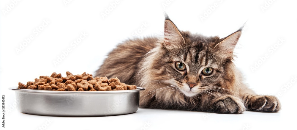Poster cat lying beside food bowl with empty space for text on clean white background in studio setting