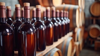 Winemaking cellar with bottles and barrels arranged on shelves showcasing the aging process and empty space for text or branding
