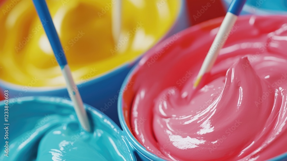Leinwandbilder colorful close-up of mixing vibrant paint in bowls with stirring rods showcasing a smooth texture an
