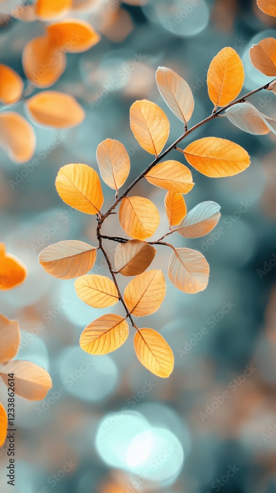 Poster golden leaves on a branch against a soft bokeh background creating a warm autumn feeling