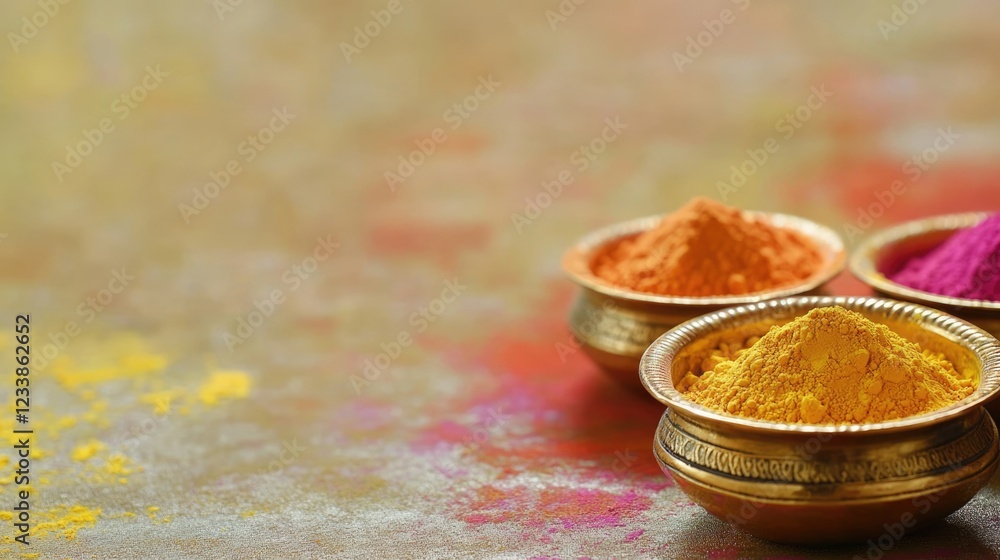 Aufkleber vibrant colored powders in traditional bowls for festival celebration with empty space for text in a