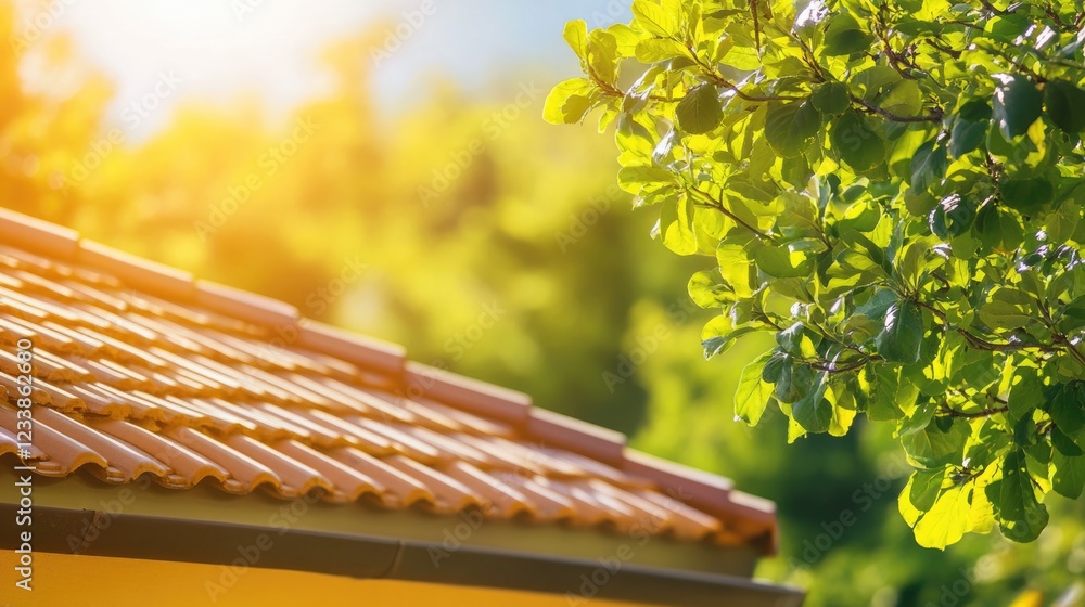 Poster close up of bungalow roof illuminated by sunlight surrounded by lush greenery and leaves with space 