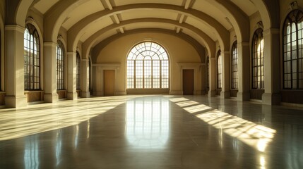 Elegant Large Empty Room with Arched Windows and Natural Light on Movie Set