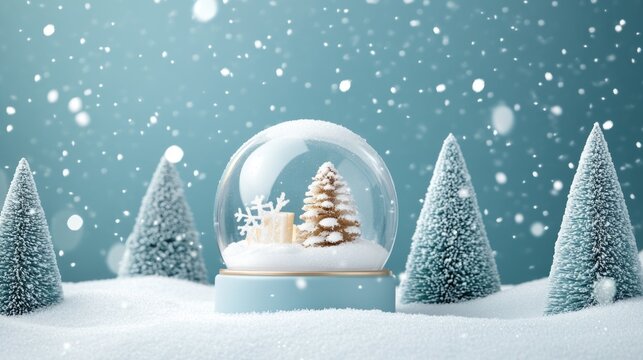 Winter Wonderland Snow Globe with Pine Trees and Snowflakes Offering Space for Text Overlay