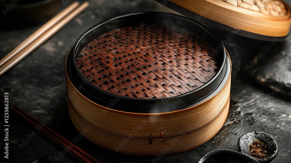 Poster chinese dim sum steamer with fresh ingredients on rustic table culinary experience empty copy space 
