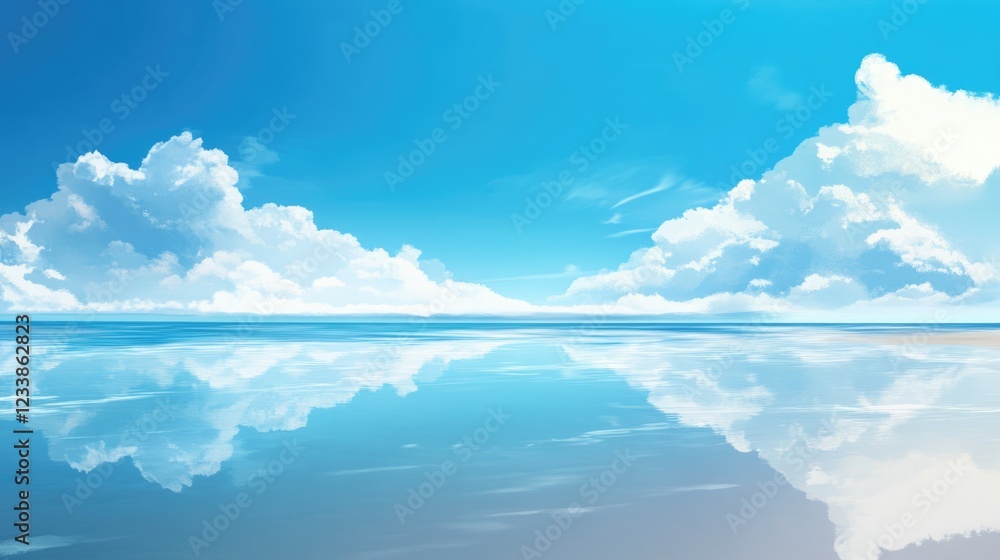 Poster tropical island landscape serene beach with crystal clear water reflecting clouds and ample copyspac
