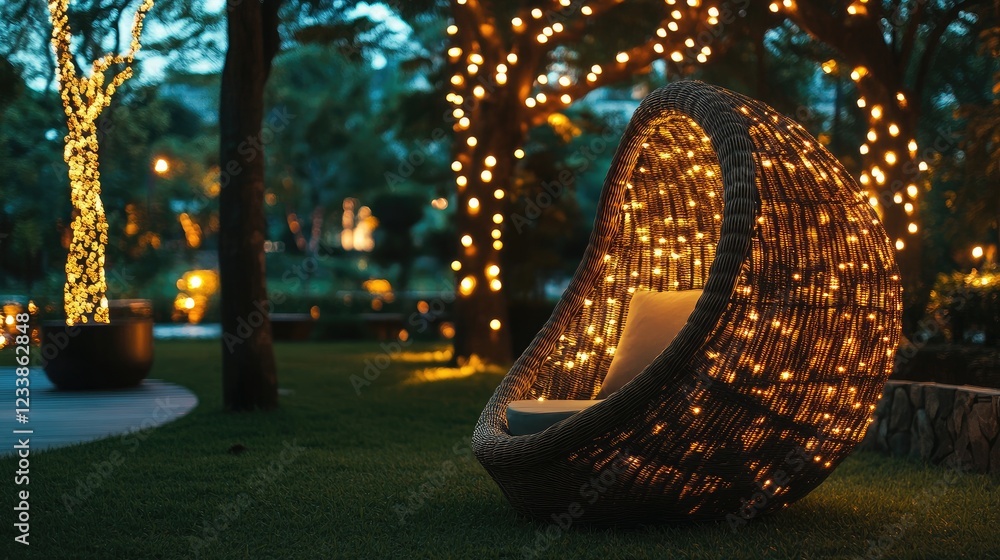 Poster wicker nest chair illuminated by decorative lights in a tranquil park setting at night creating a se
