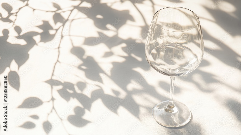 Poster elegant wine glass casting decorative leaf shadows on a minimalist background with ample space for t