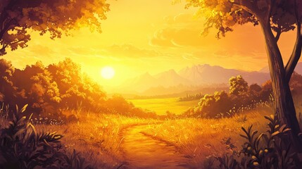 Naklejka premium Golden Sunrise Over Serene Landscape With Lush Pathway Leading Through Fields And Trees In A Tranquil Country Setting