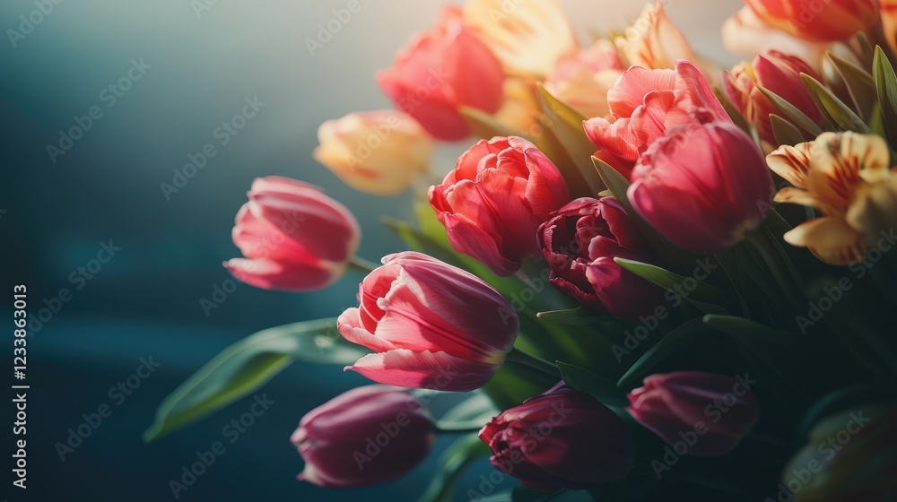 Poster vibrant tulip bouquet showcasing colorful blooms in a sunlit floral garden setting with soft backgro