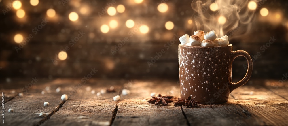 Aufkleber Cozy mug of hot cocoa topped with marshmallows and spices on a rustic wooden table with warm bokeh lights and space for text in winter setting