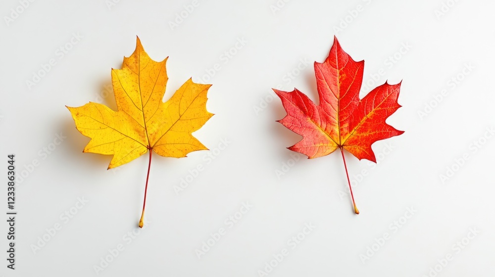 Aufkleber autumn maple leaves in vibrant yellow and red colors on a clean white background with ample space fo