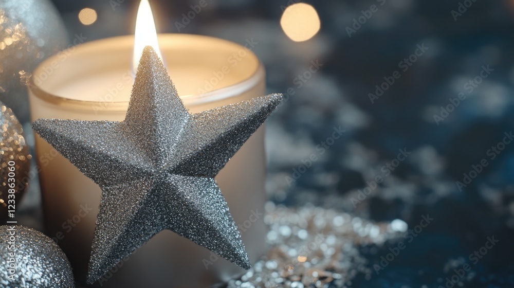 Poster Candle with silver star decoration creating a festive holiday composition with empty text area for Christmas and New Year greetings