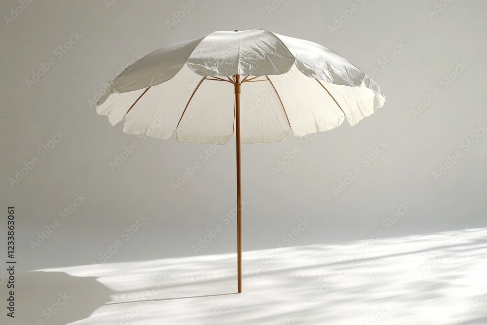 Poster white parasol with wooden pole casting shadows on a plain background in a studio setting