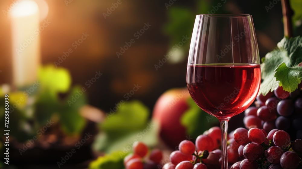 Poster wine glass surrounded by grapes and natural elements in a cellar setting with copy space for text an