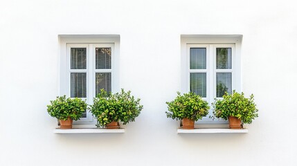 Cottage style windows adorned with potted plants against a clean white wall creating a serene and inviting atmosphere.