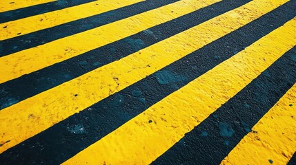 Fototapeta premium Intersecting Yellow and Black Striped Road Texture with Slanted Lines on Asphalt Surface in Urban Environment