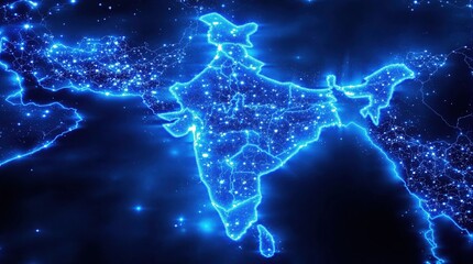 Glowing Map of India Depicting Network and Connectivity in Blue