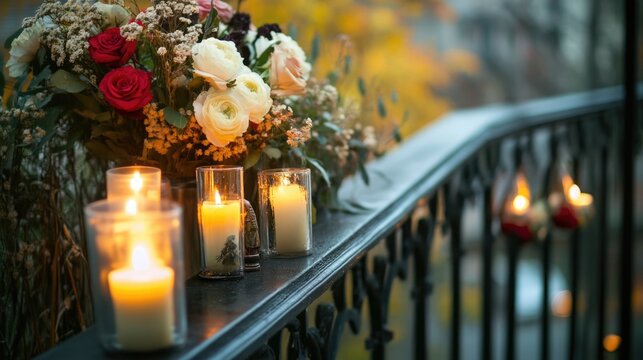 Tributes on a railing with flowers, candles, and artwork creating a serene memorial space perfect for personal messages or reflection.