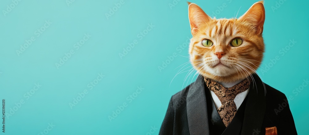 Poster cat in a business suit with empty copy space for text in vibrant background representing travel and 