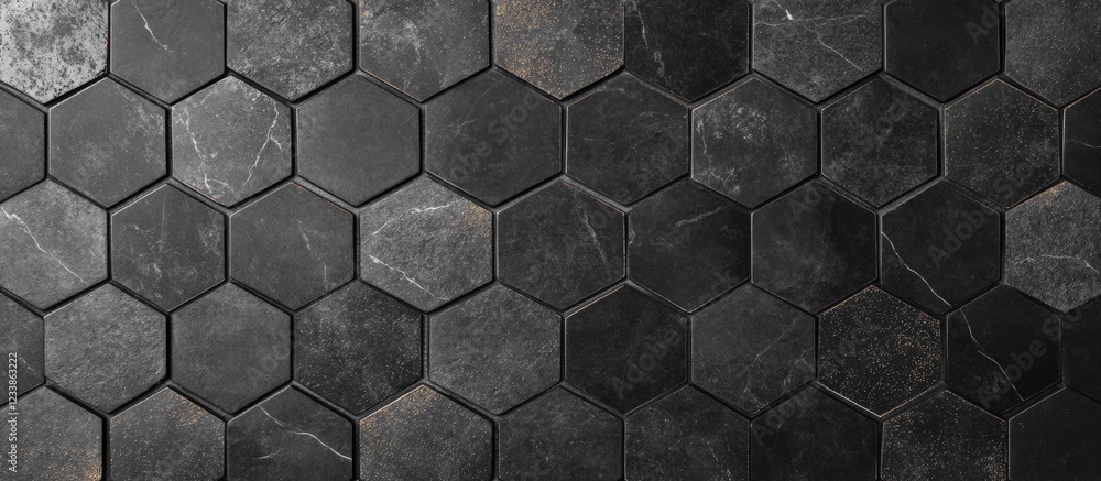 Poster glossy grey anthracite hexagon ceramic tiles terrazzo marble polished texture with empty space for c