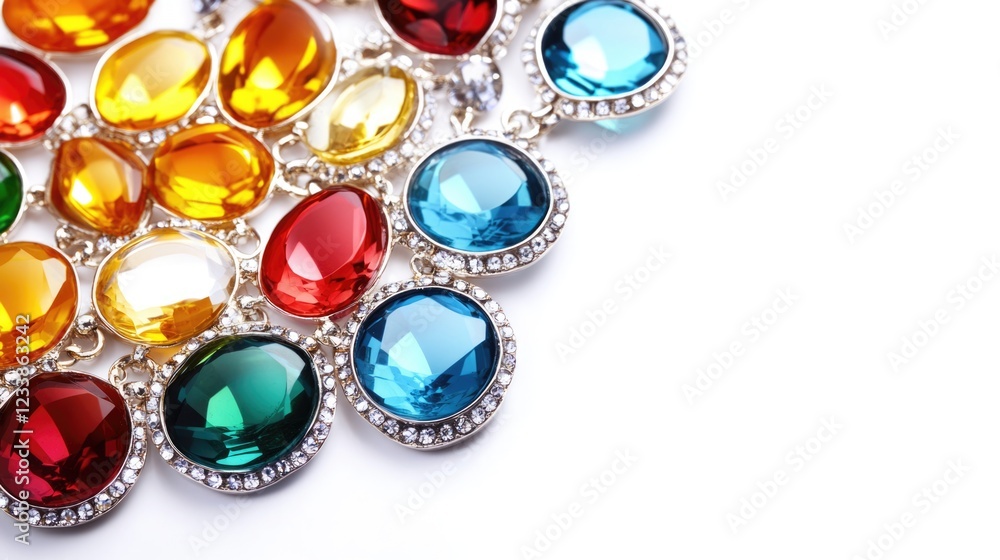 Poster Vibrant Multicolor Gemstone Jewelry Displayed on a White Background with Empty Space for Custom Text or Branding